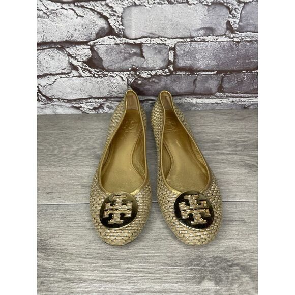 Tory Burch Straw Reva Gold Leather Logo Ballet Flats Women’s Sz 7.5M US/38EU - Picture 11 of 16